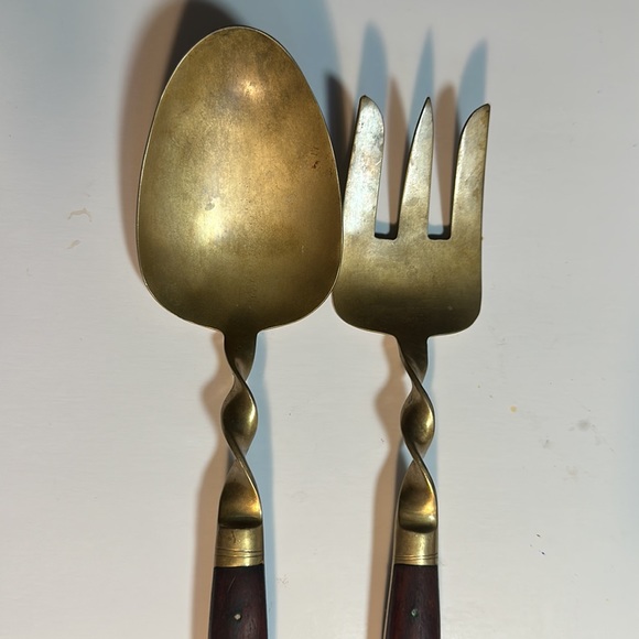 Mid-20th Century Brass and Rosewood Serving Spoon and Fork - Picture 2 of 4